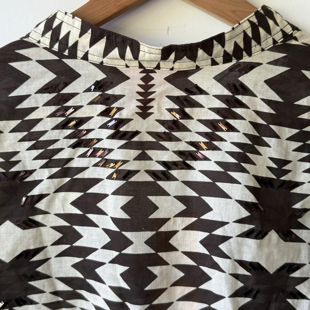 Tory Burch Printed V-Neck Embellished Tunic‎ Blouse Brown & Neutrals Size 10